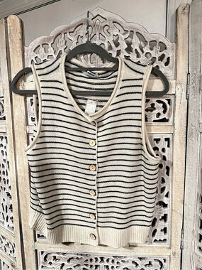 The Workshop Striped V-Neck Sweater Vest in Cream & Black NWT